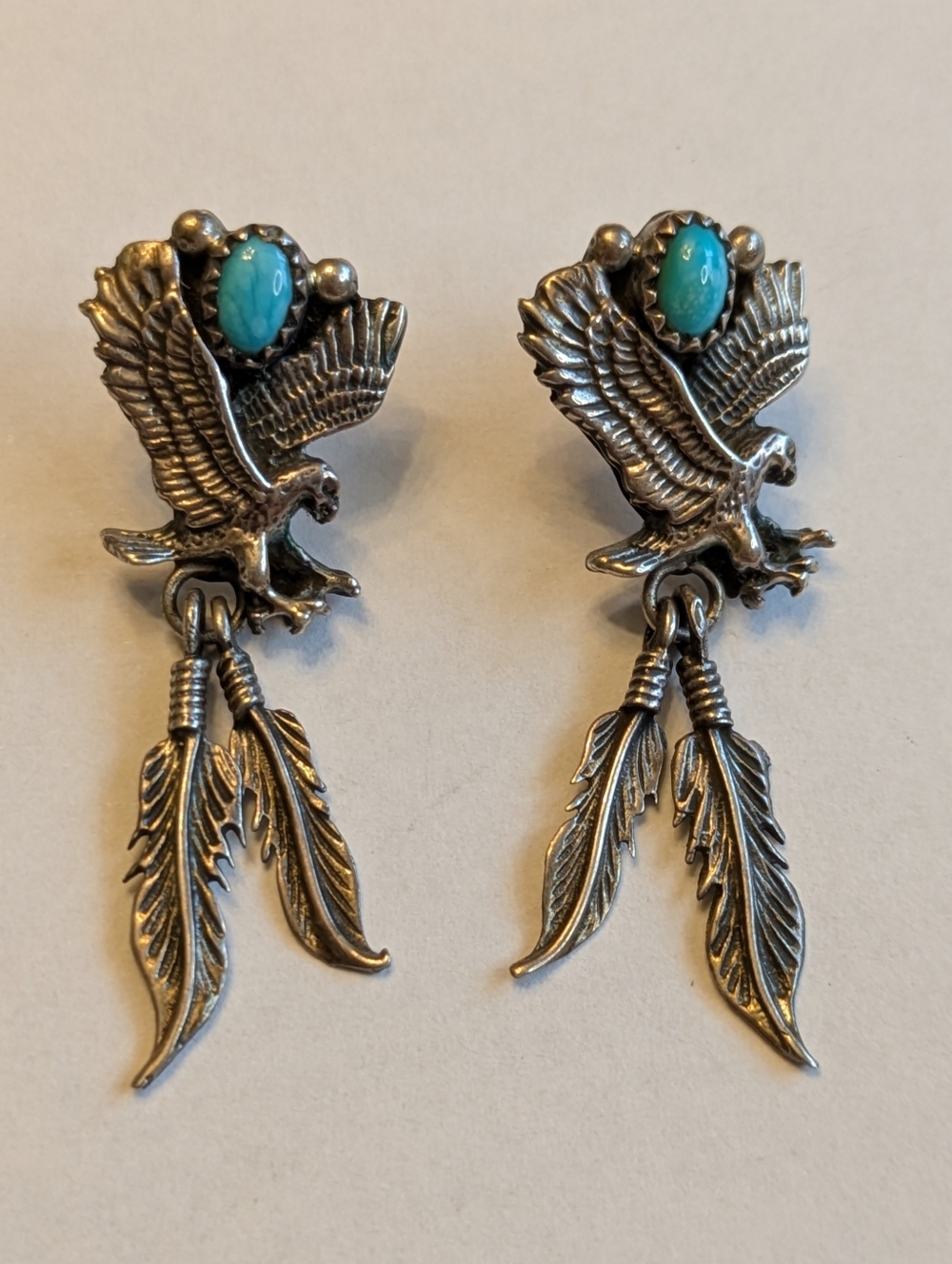 RB Richard Begay Sterling Silver Turquoise Eagle Feather Dangle Earrings